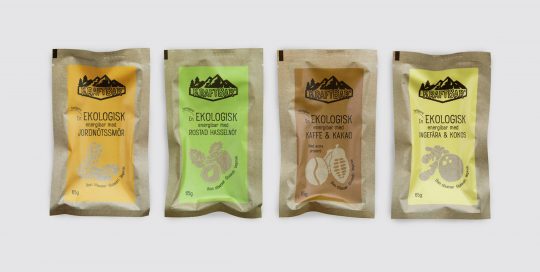 Förpackningar som Elin Mörsare designat åt Kraftbar Sveriges grymt goda energibars